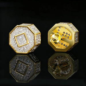 12MM Iced Out Octagon 3D Full Pave Cubic Zirconia Screw Back Stud Earrings, Two Tone Gold Micro Pave Flawless Cubic Zirconia 3D Octagon Piercing Earrings with Secure Screw Back Closure, Unisex Hip Hop Bold Statement Bling Jewelry Gift for Men Women RDRIP JEWELRY
