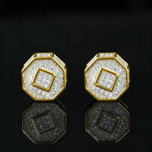 12MM Iced Out Octagon 3D Full Pave Cubic Zirconia Screw Back Stud Earrings, Two Tone Gold Micro Pave Flawless Cubic Zirconia 3D Octagon Piercing Earrings with Secure Screw Back Closure, Unisex Hip Hop Bold Statement Bling Jewelry Gift for Men Women RDRIP JEWELRY
