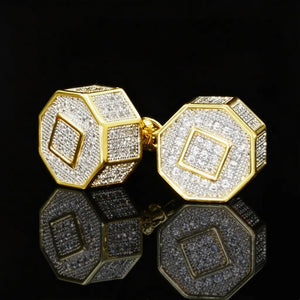 12MM Iced Out Octagon 3D Full Pave Cubic Zirconia Screw Back Stud Earrings, Two Tone Gold Micro Pave Flawless Cubic Zirconia 3D Octagon Piercing Earrings with Secure Screw Back Closure, Unisex Hip Hop Bold Statement Bling Jewelry Gift for Men Women RDRIP JEWELRY

