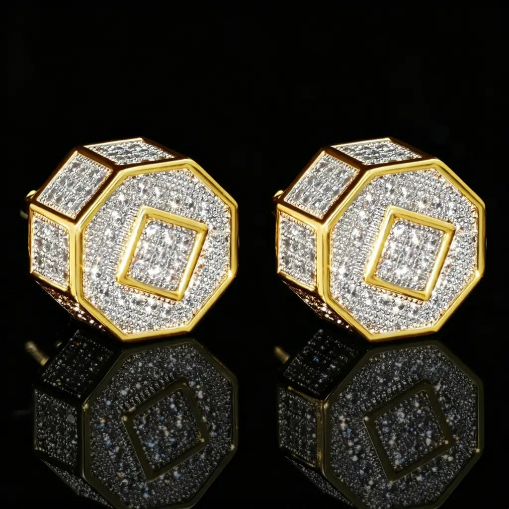 12MM Iced Out Octagon 3D Full Pave Cubic Zirconia Screw Back Stud Earrings, Two Tone Gold Micro Pave Flawless Cubic Zirconia 3D Octagon Piercing Earrings with Secure Screw Back Closure, Unisex Hip Hop Bold Statement Bling Jewelry Gift for Men Women RDRIP JEWELRY
