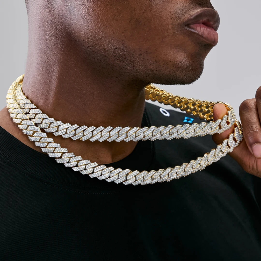 14MM 2-Row Iced Out Prong Cuban Link Chain in Gold