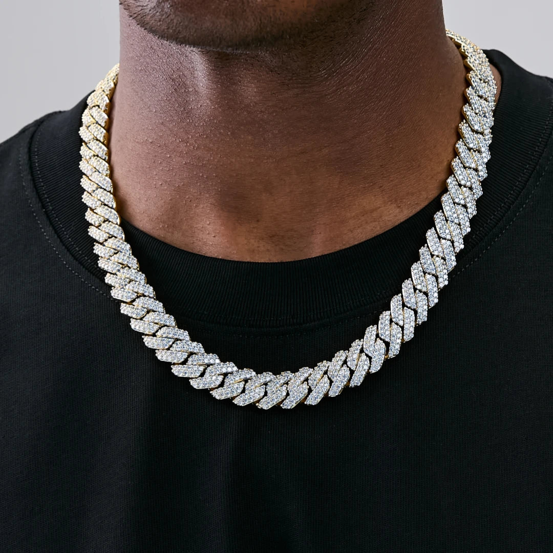 14MM 2-Row Iced Out Prong Cuban Link Chain in Gold