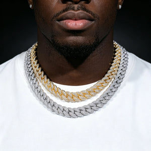 14mm wide 3 row bubble dense fully paved iced miami cuban link chain dual 18k gold and white gold plated fully micro set flawless VVS simulated diamond hip hop men necklace heavy chunky bling rapper streetwear jewelry two color matching layered chain showcase close up shot high clarity shiny stone detail RDRIP JEWELRY
