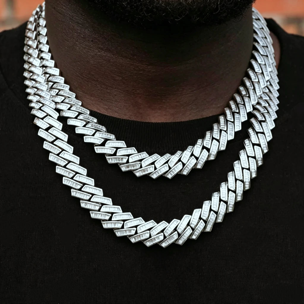 14MM Baguette Channel‑Set Miami Cuban Link Necklace, 18K white gold plated full iced‑out men hip hop chain, hand‑set flawless VVS simulated baguette stones, two‑layer stacked wearing look on deep skin tone male model with short stubble beard, heavy bling rapper streetwear jewelry, premium copper hiphop statement necklace RDRIP JEWELRY
