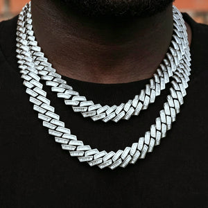 14MM Baguette Channel‑Set Miami Cuban Link Necklace, 18K white gold plated full iced‑out men hip hop chain, hand‑set flawless VVS simulated baguette stones, two‑layer stacked wearing look on deep skin tone male model with short stubble beard, heavy bling rapper streetwear jewelry, premium copper hiphop statement necklace RDRIP JEWELRY
