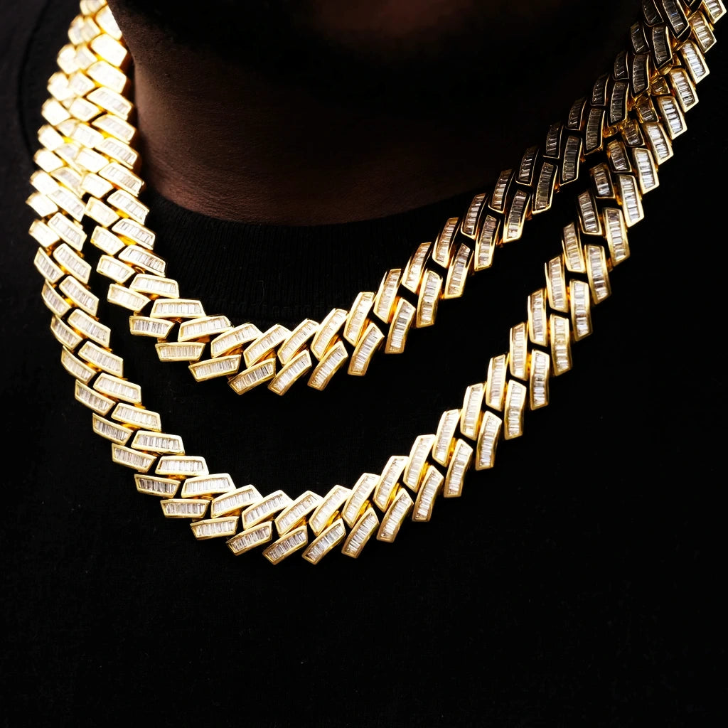 14MM Baguette Channel‑Set Miami Cuban Link Necklace, 18K gold plated full iced‑out men hip hop chain, hand‑set flawless VVS simulated baguette stones, two‑layer stacked wearing effect on deep dark skin tone male model with fuller beard, heavy bling rapper streetwear jewelry, premium copper hip‑hop statement necklace RDRIP JEWELRY
