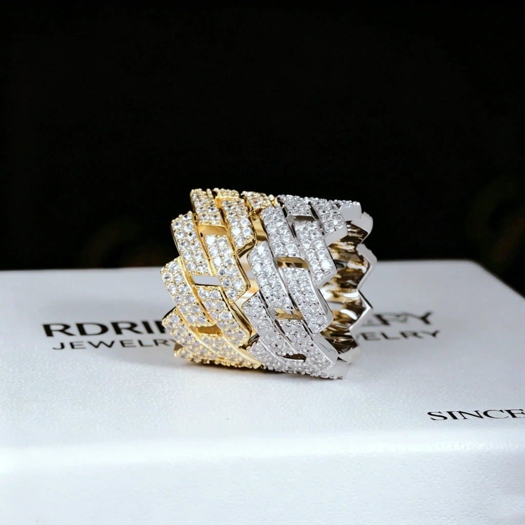14MM Iced Out Prong Cuban Ring RDRIP JEWELRY, side by side comparison of 18k gold plated and white gold plated prong cuban link rings for men, hand set flawless VVS simulated diamonds, two tone icy bling hip hop jewelry displayed on RDRIP JEWELRY branded box
