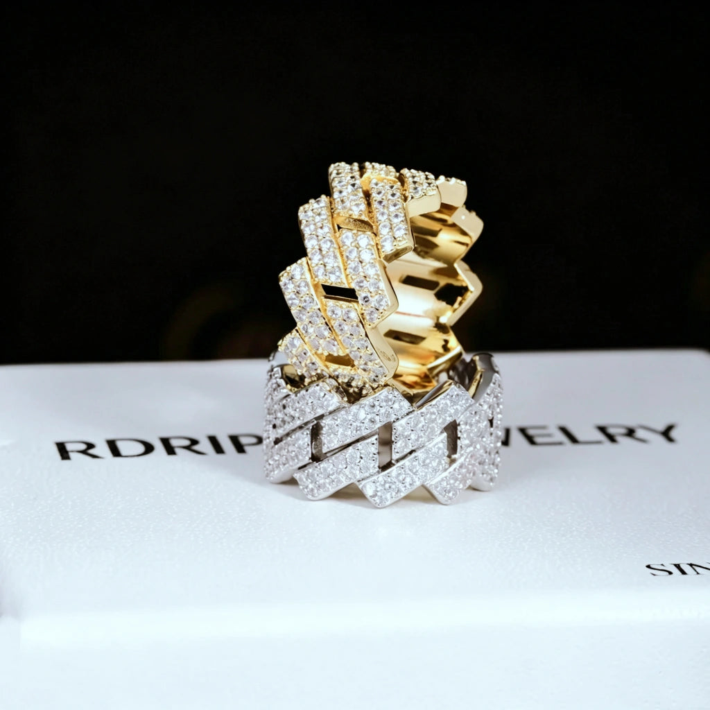 14MM Iced Out Prong Cuban Ring RDRIP JEWELRY, stacked display view of 18k gold plated and white gold plated prong cuban link rings for men, fully iced with hand set flawless VVS simulated diamonds, hollow band hip hop bling jewelry arranged on RDRIP JEWELRY branded box
