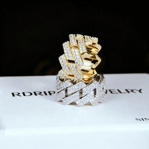 14MM Iced Out Prong Cuban Ring RDRIP JEWELRY, stacked display view of 18k gold plated and white gold plated prong cuban link rings for men, fully iced with hand set flawless VVS simulated diamonds, hollow band hip hop bling jewelry arranged on RDRIP JEWELRY branded box
