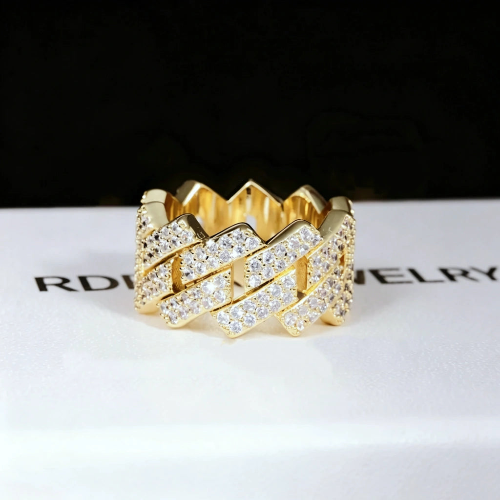 14MM Iced Out Prong Cuban Ring RDRIP JEWELRY, 18k gold plated wide hollow prong cuban link ring for men, hand set flawless VVS simulated diamonds, hip hop bling jewelry displayed on RDRIP JEWELRY brand box
