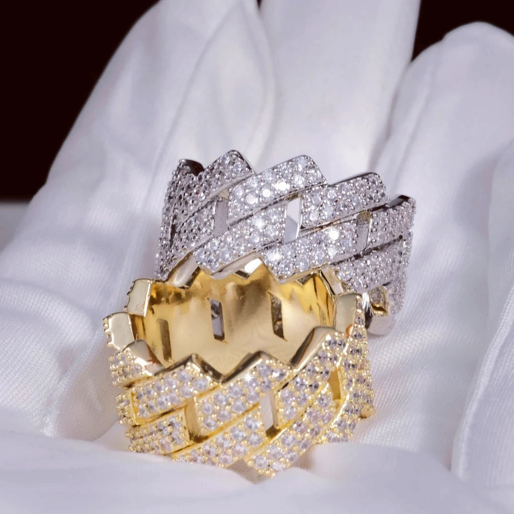 14MM Iced Out Prong Cuban Ring RDRIP JEWELRY, hollow wide prong‑set cuban link band for men, full hand‑set flawless VVS simulated diamonds, 18k gold plated and white gold plated hip hop icy statement ring, bling mens fashion jewelry
