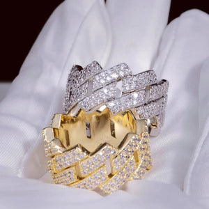 14MM Iced Out Prong Cuban Ring RDRIP JEWELRY, hollow wide prong‑set cuban link band for men, full hand‑set flawless VVS simulated diamonds, 18k gold plated and white gold plated hip hop icy statement ring, bling mens fashion jewelry
