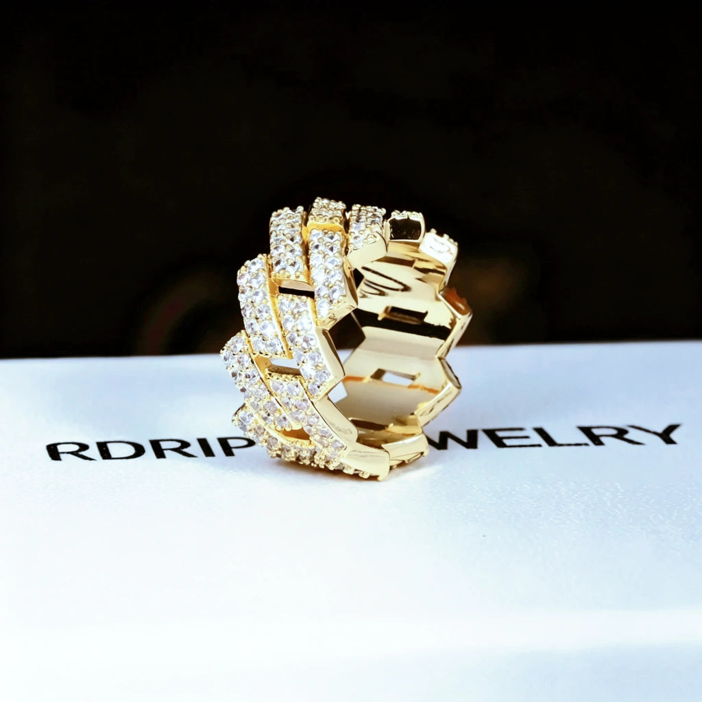 14MM Iced Out Prong Cuban Ring RDRIP JEWELRY, side angle shot showing inner hollow band structure, 18k gold plated prong cuban link ring for men, hand set flawless VVS simulated diamonds, premium bling hip hop jewelry placed on RDRIP JEWELRY branded box
