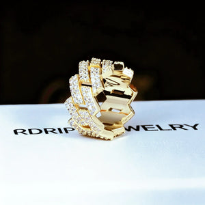 14MM Iced Out Prong Cuban Ring RDRIP JEWELRY, side angle shot showing inner hollow band structure, 18k gold plated prong cuban link ring for men, hand set flawless VVS simulated diamonds, premium bling hip hop jewelry placed on RDRIP JEWELRY branded box
