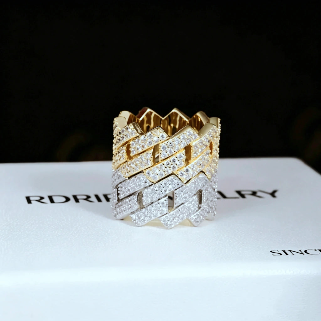 14MM Iced Out Prong Cuban Ring RDRIP JEWELRY, front full view of stacked 18k gold plated and white gold plated prong cuban rings standing upright, fully iced hand set flawless VVS simulated diamonds, hollow band hip hop mens bling jewelry on RDRIP JEWELRY branded box
