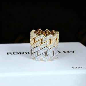 14MM Iced Out Prong Cuban Ring RDRIP JEWELRY, front full view of stacked 18k gold plated and white gold plated prong cuban rings standing upright, fully iced hand set flawless VVS simulated diamonds, hollow band hip hop mens bling jewelry on RDRIP JEWELRY branded box
