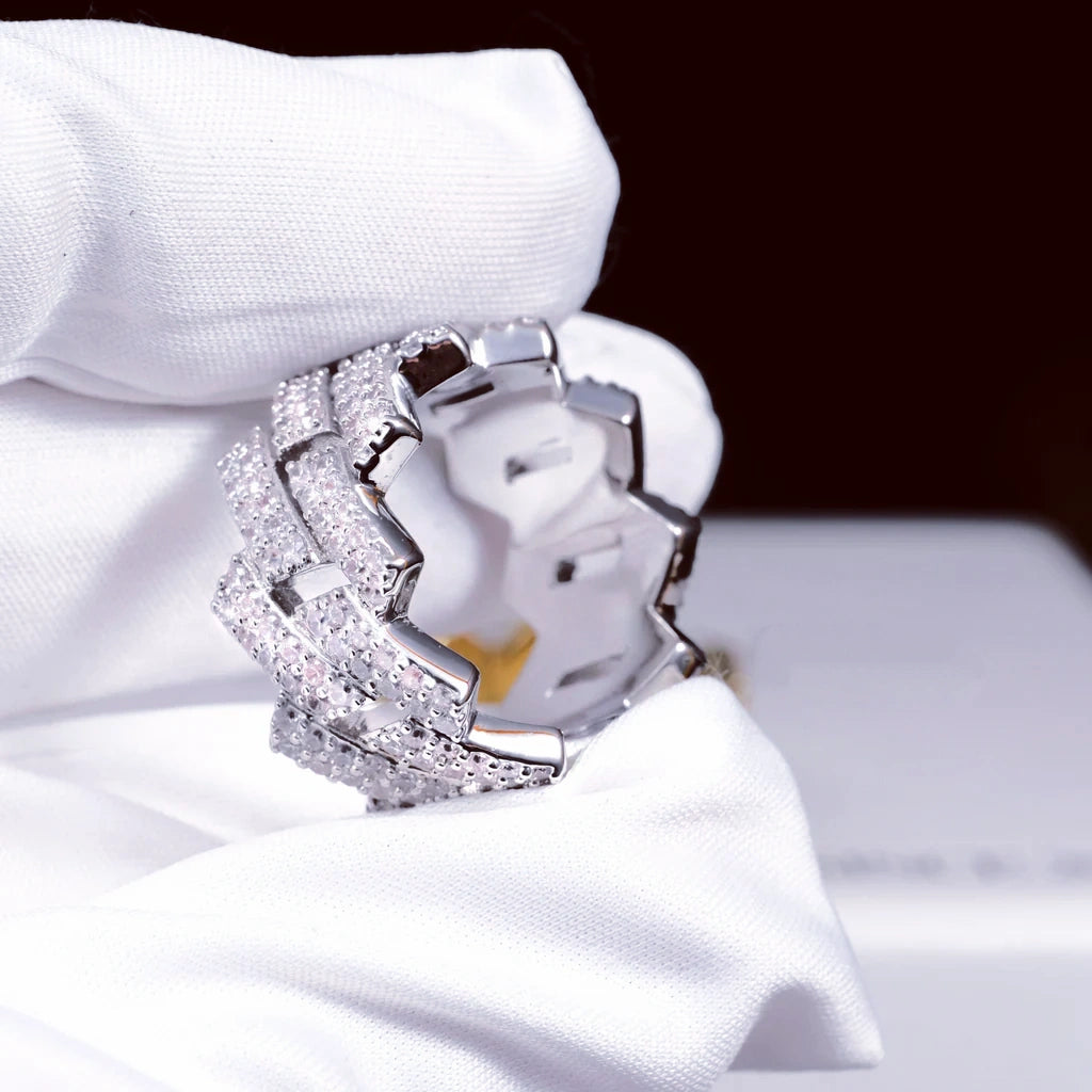 14MM Iced Out Prong Cuban Ring RDRIP JEWELRY, white gold plated mens prong cuban link ring held in white glove, closeup view of inner hollow band structure, meticulously hand set flawless VVS simulated diamonds, icy bling hip hop fashion jewelry
