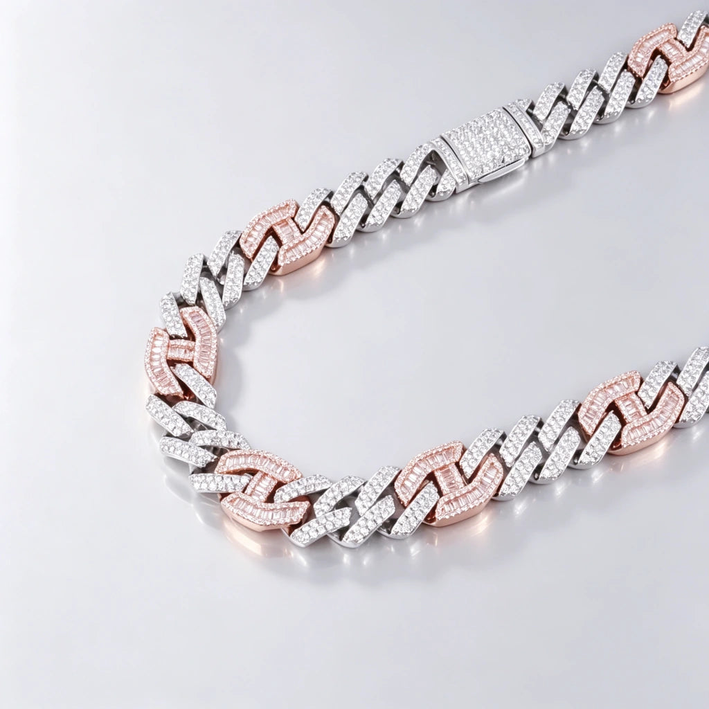 Close‑up detail shot of 14mm iced prong two‑tone cuban choker link necklace, showing fully iced lock clasp and two‑tone white pink links, hand‑set flawless VVS simulated diamonds, heavy solid copper with 18K gold plated finish, icy hip hop bling statement jewelry for men street fashion RDRIP JEWELRY
