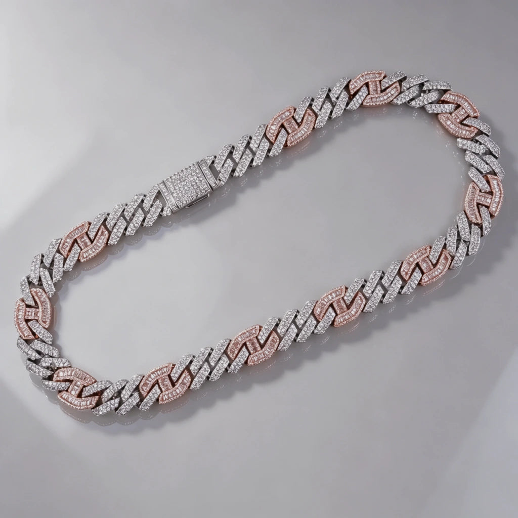 Flat lay overhead view of 14mm iced prong two‑tone cuban choker link necklace with full iced clasp, white and pink two‑tone hip hop chain, hand‑set flawless VVS simulated diamonds, heavy solid pure copper base with 18K gold plated finish, premium bling icy streetwear statement jewelry for men RDRIP JEWELRY
