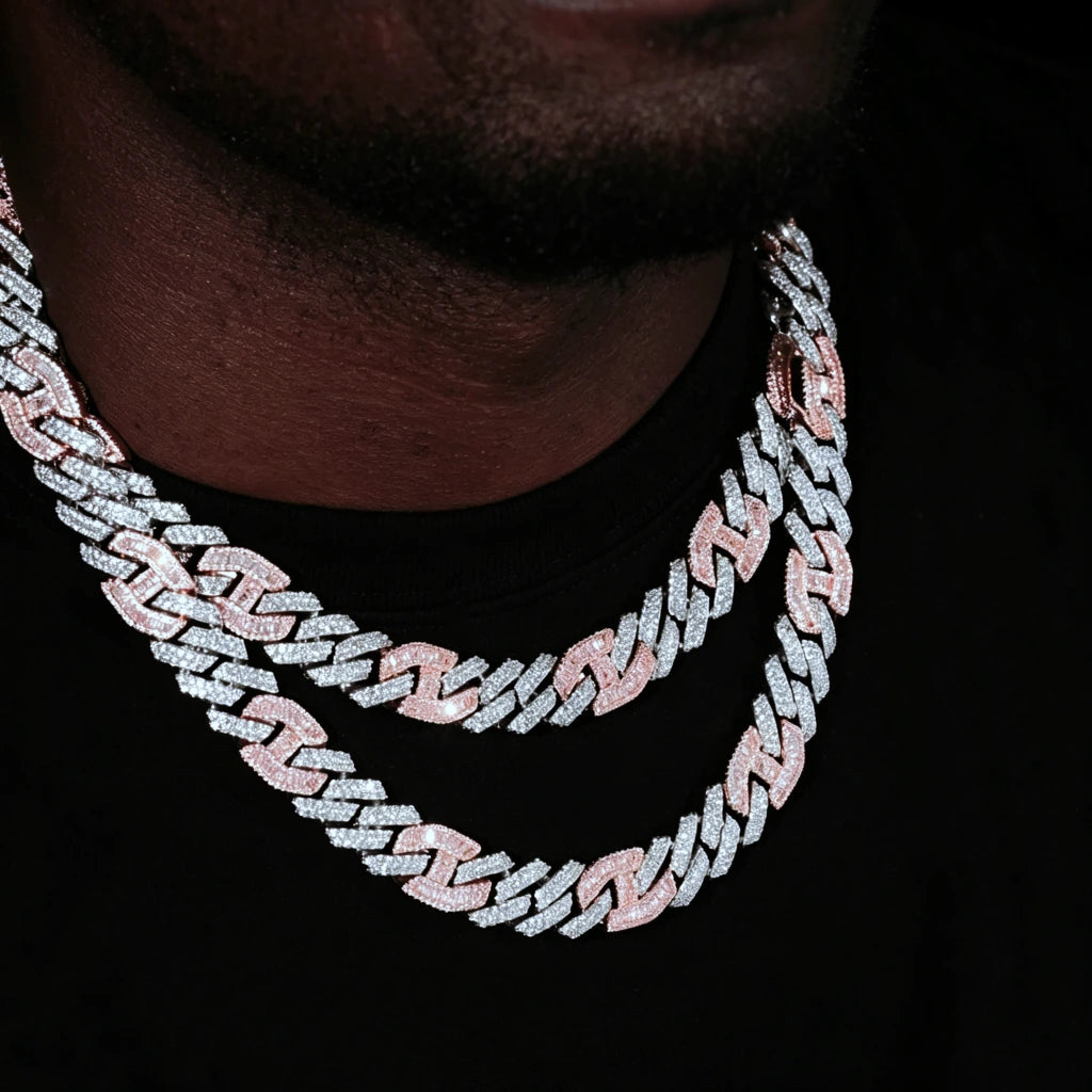 Men model wearing 14mm iced prong two‑tone cuban choker link necklace, white and pink two‑tone hip hop chain, hand‑set VVS simulated diamonds, heavy solid copper 18K gold plated bling jewelry, layered icy streetwear necklace for men night party look RDRIP JEWELRY
