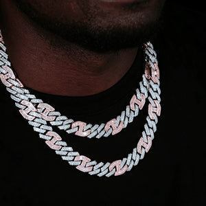 Men model wearing 14mm iced prong two‑tone cuban choker link necklace, white and pink two‑tone hip hop chain, hand‑set VVS simulated diamonds, heavy solid copper 18K gold plated bling jewelry, layered icy streetwear necklace for men night party look RDRIP JEWELRY
