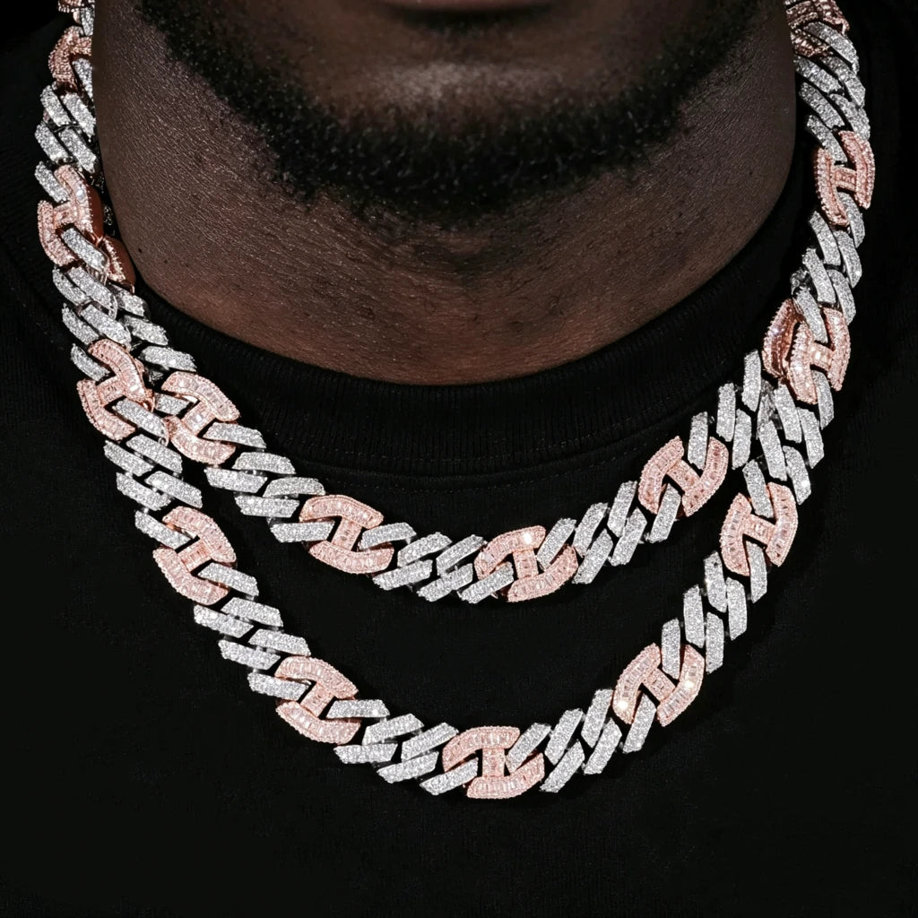 Close‑up layered worn shot of two 14mm iced prong two‑tone cuban choker necklaces for men, white and pink two‑tone finish, hand‑set flawless VVS simulated diamonds, heavy solid copper 18K gold plated icy hip hop bling chains, stacked streetwear party jewelry on black man neck RDRIP JEWELRY
