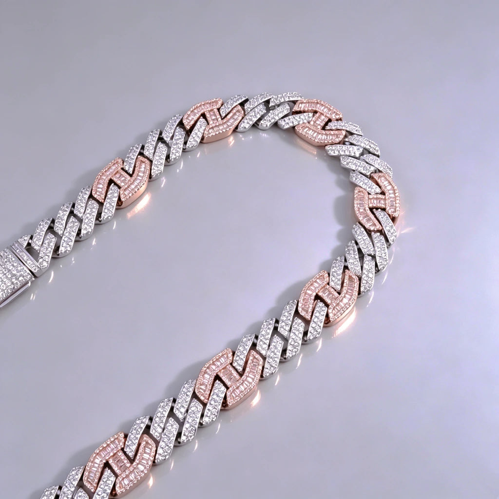 Top view shot of 14mm iced prong two‑tone cuban choker link necklace for men, white and pink mixed tone hip hop chain, hand‑set flawless VVS simulated diamonds, heavy solid pure copper base with 18K gold plated finish, bling icy statement streetwear jewelry for party night out RDRIP JEWELRY
