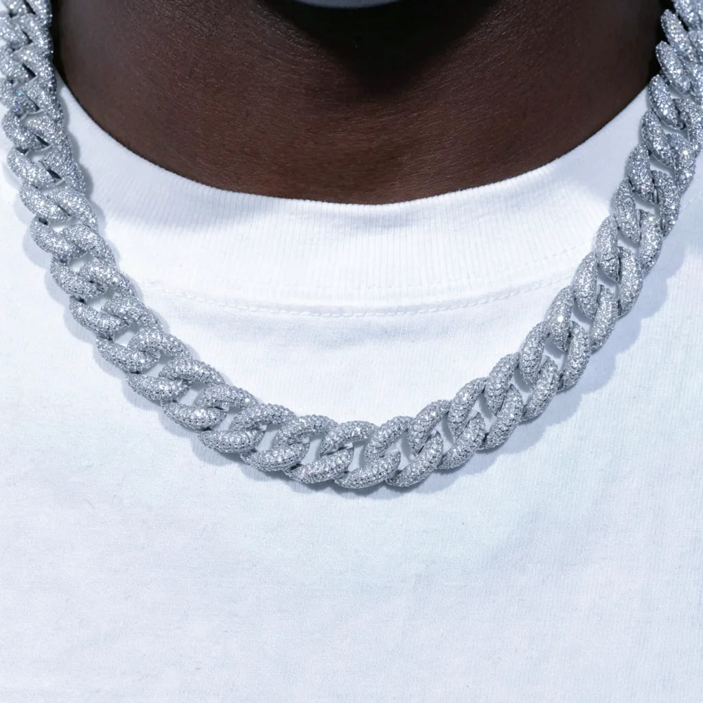 15mm 5-Row Fully Paved Iced Cuban Link Necklace silver finish, heavy wide Miami cuban chain fully encrusted flawless VVS simulated diamonds, prong hand-set stone hip hop jewelry for black men, full iced out clasp, thick bling rapper statement necklace available in 18/20/24 inch lengths, premium 18K white gold plated men's cuban link chain RDRIP JEWELRY
