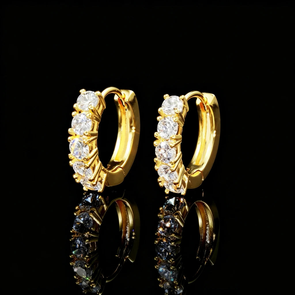 18K gold plated row huggie hoop earrings for men women, half paved round VVS simulated diamond click lock ear buckles, shiny unisex hip hop bling fashion jewelry RDRIP JEWELRY
