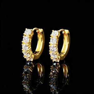 18K gold plated row huggie hoop earrings for men women, half paved round VVS simulated diamond click lock ear buckles, shiny unisex hip hop bling fashion jewelry RDRIP JEWELRY
