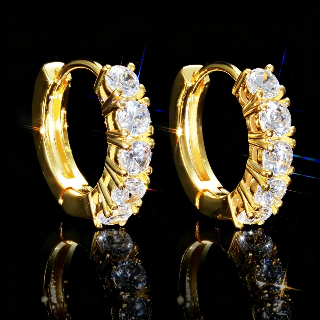 18K gold plated row huggie hoop earrings, half set round VVS simulated diamonds small huggie ear rings, durable click closure hoop ear buckles, trendy unisex hip hop bling jewelry for everyday wear RDRIP JEWELRY
