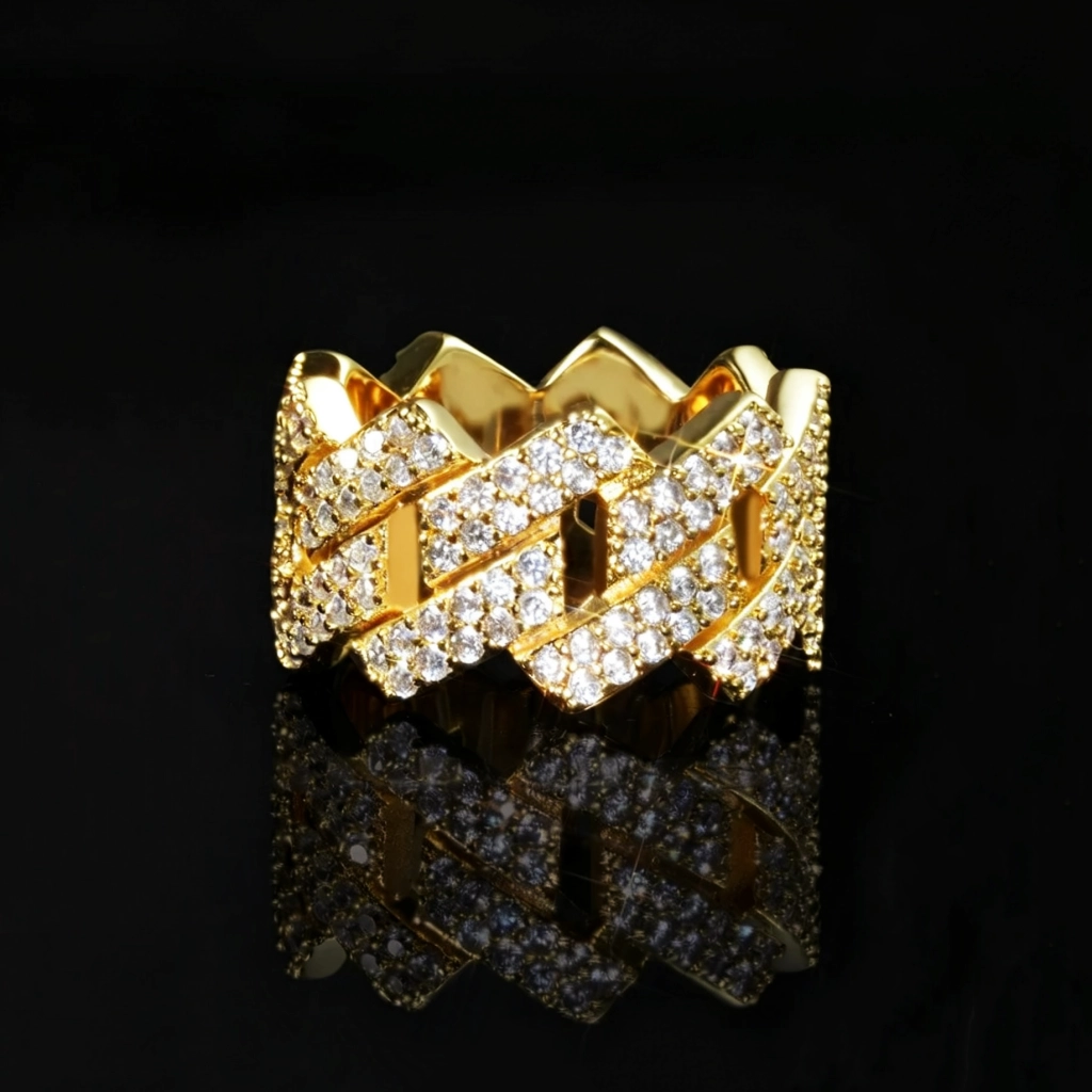 Front studio product shot of 18K gold plated Iced Out 2‑Row Micro‑Paved AAA CZ Miami Cuban Lock Ring, wide 14mm mens hip hop statement ring, heavy gold finish with densely set sparkling cubic zirconia stones on black reflective background RDRIP JEWELRY
