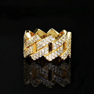 Front studio product shot of 18K gold plated Iced Out 2‑Row Micro‑Paved AAA CZ Miami Cuban Lock Ring, wide 14mm mens hip hop statement ring, heavy gold finish with densely set sparkling cubic zirconia stones on black reflective background RDRIP JEWELRY
