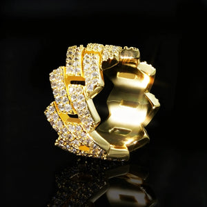Studio inner side view of 18K gold plated Iced Out 2‑Row Micro‑Paved AAA CZ Miami Cuban Lock Ring, showing polished hollow inner band and fully encrusted sparkling cubic zirconia stones, wide 14mm mens hip hop bling ring RDRIP JEWELRY
