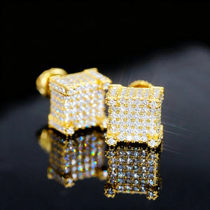 18K Gold Plated 3D Cube VVS Moissanite Stud Earrings 925 Sterling Silver Full Iced Micro Pave Screw Back Unisex Hip Hop Jewelry RDRIP JEWELRY
