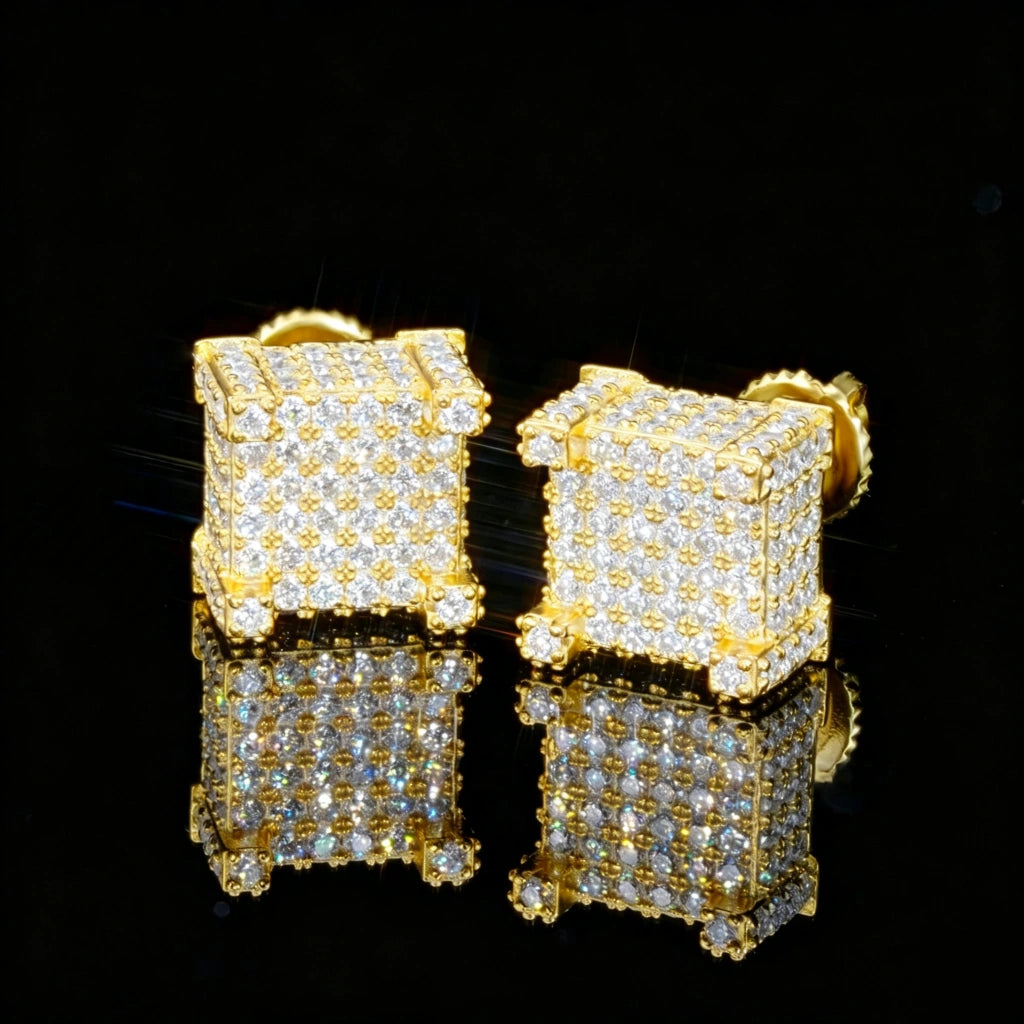 18K Gold Plated Full Iced 3D Cube VVS Moissanite Stud Earrings 925 Sterling Silver Dense Micro Pave Screw Back Unisex Hip Hop Bling Jewelry RDRIP JEWELRY
