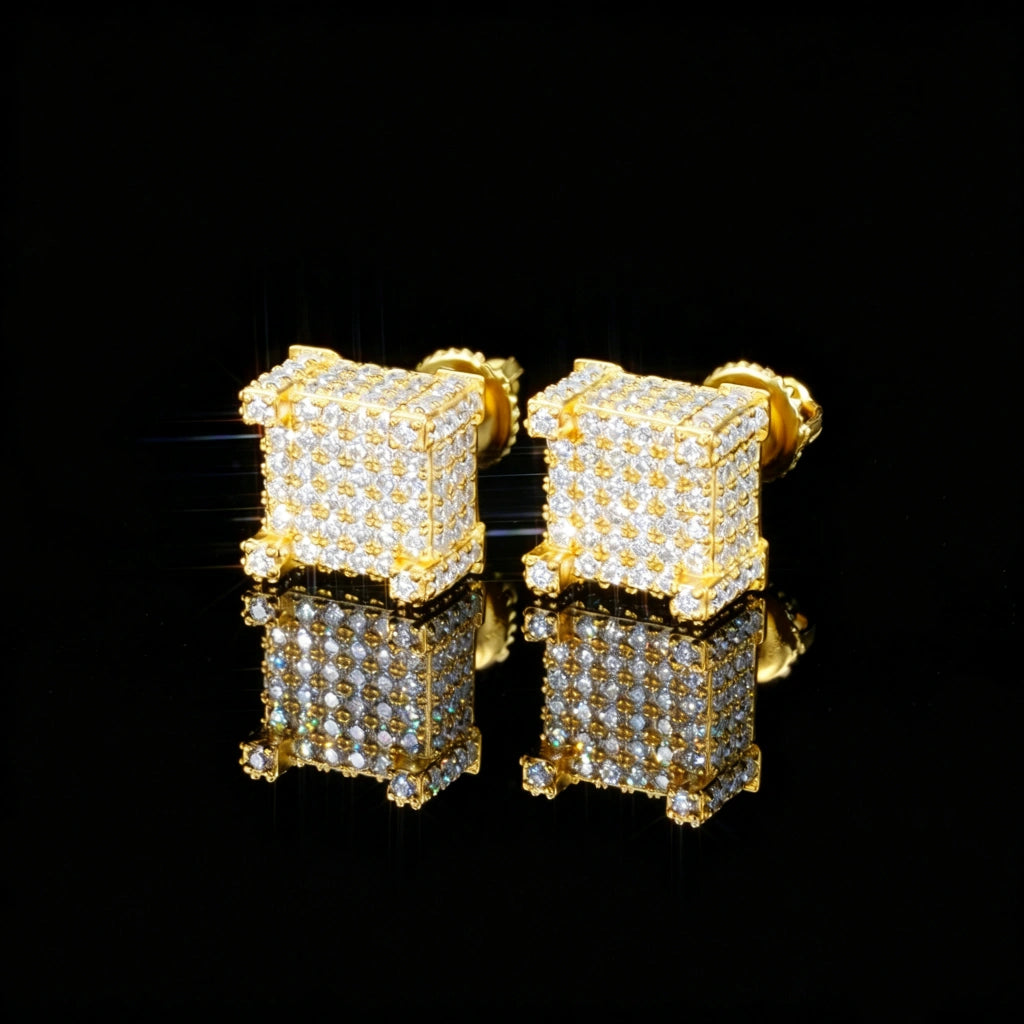 18K Gold Plated Full Iced 3D Cube VVS Moissanite Stud Earrings 925 Sterling Silver Screw Back Micro Pave Hip Hop Bling Jewelry RDRIP JEWELRY
