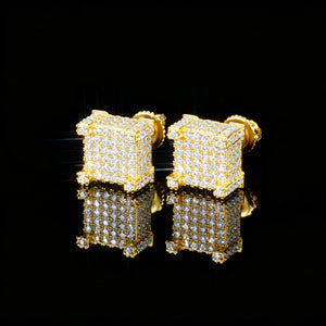 18K Gold Plated Full Iced 3D Cube VVS Moissanite Stud Earrings 925 Sterling Silver Screw Back Micro Pave Hip Hop Bling Jewelry RDRIP JEWELRY
