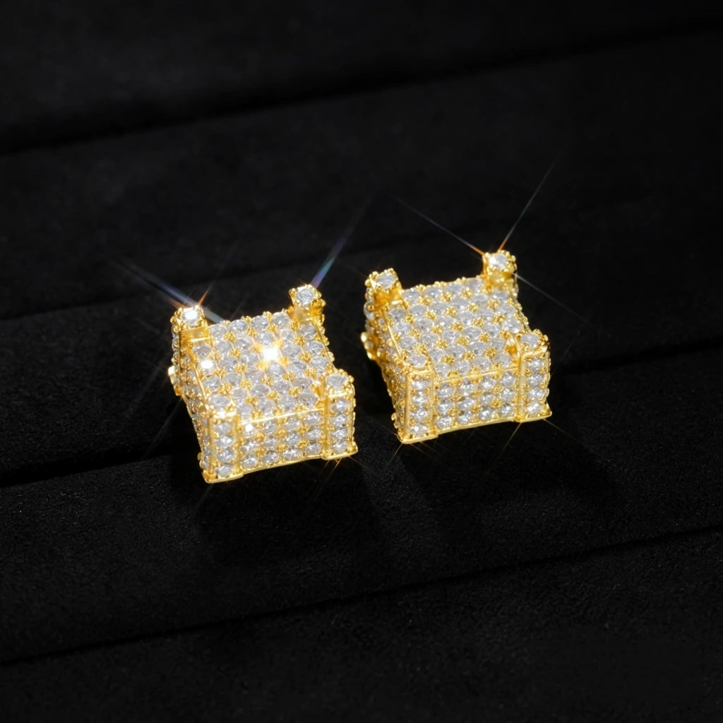 18K Gold Plated Full Iced 3D Cube VVS Moissanite Stud Earrings 925 Sterling Silver Screw Back Unisex Hip Hop Jewelry RDRIP JEWELRY
