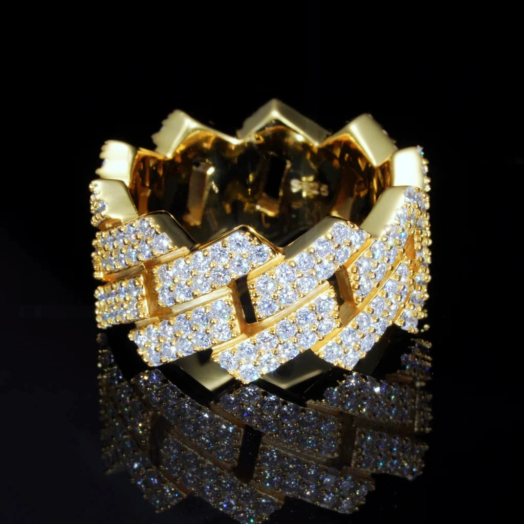 18K gold plated 925 sterling silver D color VVS1 moissanite iced out miami cuban link ring shot on black reflective background sparkling prong set hip hop mens bling statement ring RDRIP JEWELRY
