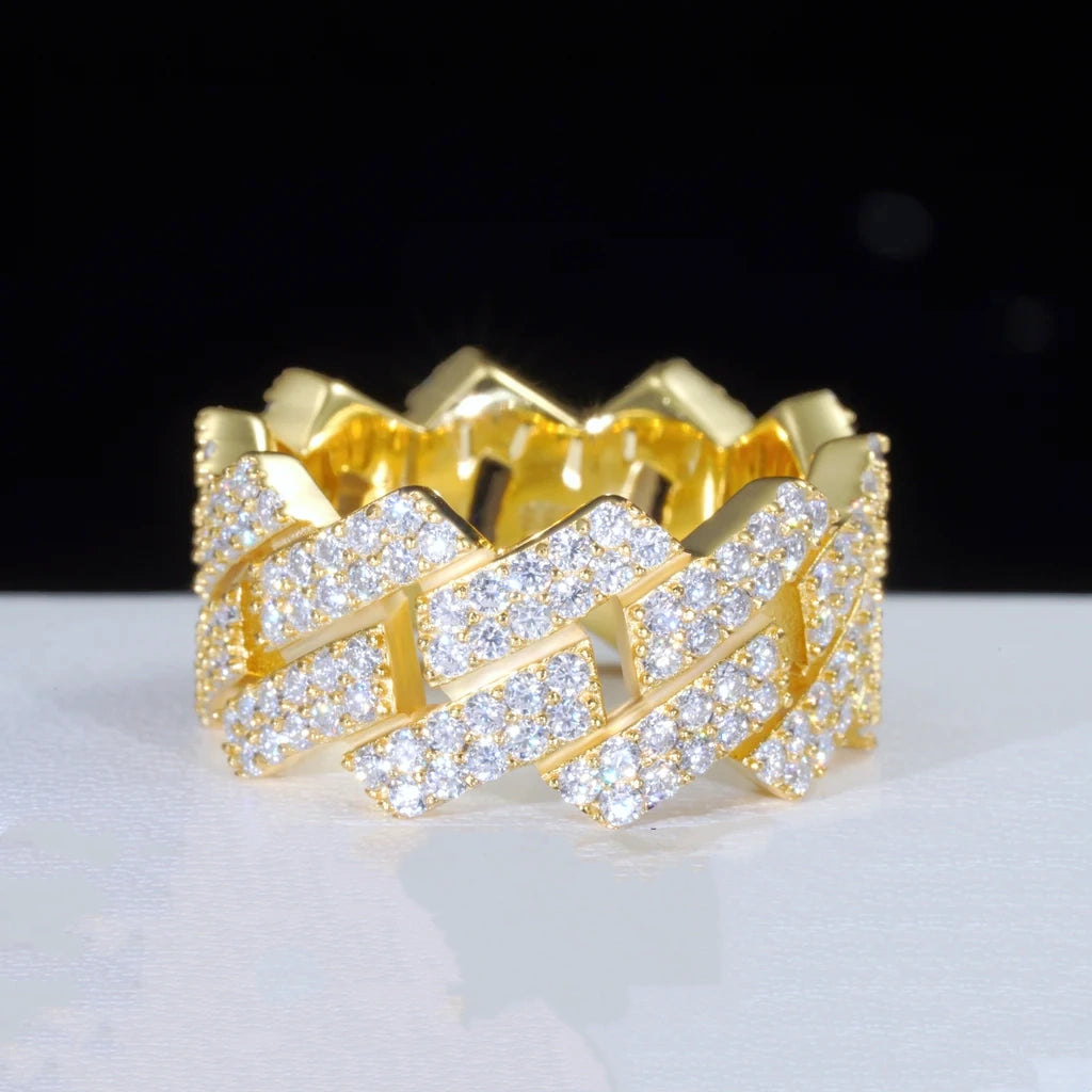 18K gold plated 925 sterling silver D color VVS1 moissanite iced out miami cuban link ring for men hip hop jewelry 11mm width prong set sparkling moissanite statement ring RDRIP JEWELRY
