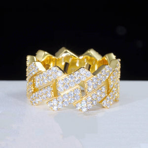 18K gold plated 925 sterling silver D color VVS1 moissanite iced out miami cuban link ring for men hip hop jewelry 11mm width prong set sparkling moissanite statement ring RDRIP JEWELRY
