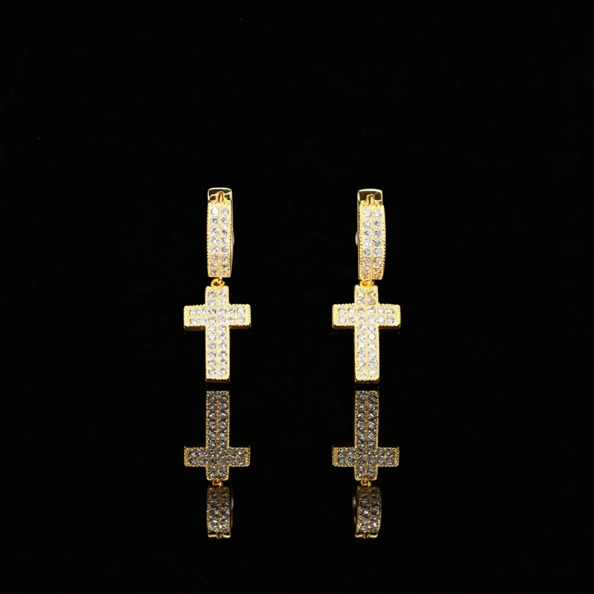 18k gold plated iced out micro pave full pave VVS simulated diamond cross drop huggie hoop earrings, unisex hip hop bling cross dangle hoop earrings trendy urban statement fashion jewelry for men and women, RDRIP JEWELRY
