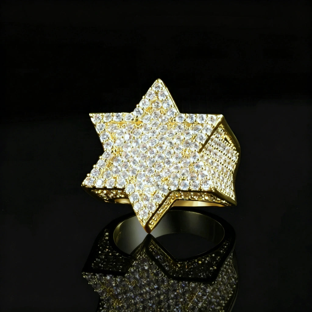 18K gold plated 3D iced fully paved Star of David Franklin ring for men, heavy hip‑hop rapper statement bling jewelry, hand‑set bright AAA cubic zirconia stones, solid wide band hexagram star ring, brilliant sparkling icy look, product shot on glossy black reflective background, luxury urban mens hip hop fashion ring RDRIP JEWELRY
