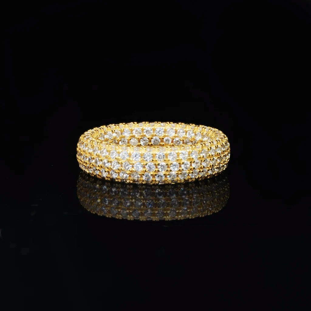 18k gold plated 925 sterling silver multi‑row micro pave aaa cubic zirconia full eternity iced out ring for men, 6mm thick hip hop bling gold tone statement band, full encrusted sparkling cz stones, photographed on black reflective surface, RDRIP JEWELRY SINCE 2016
