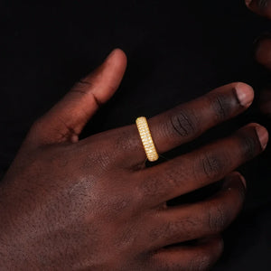 Men wearing 18k gold plated 925 sterling silver multi‑row micro pave aaa cubic zirconia 6mm full eternity iced out ring, hip hop gold bling statement band on dark skin hand, lifestyle wear shot, RDRIP JEWELRY SINCE 2016
