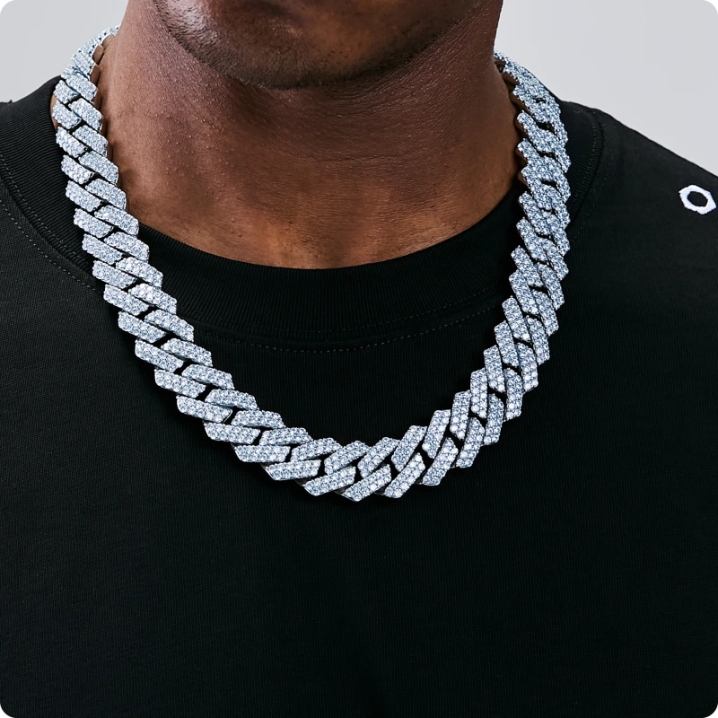 19MM 2-Row Iced Out Prong Cuban Chain in White Gold, men's hip hop cuban link necklace full front shot, RDRIP Jewelry