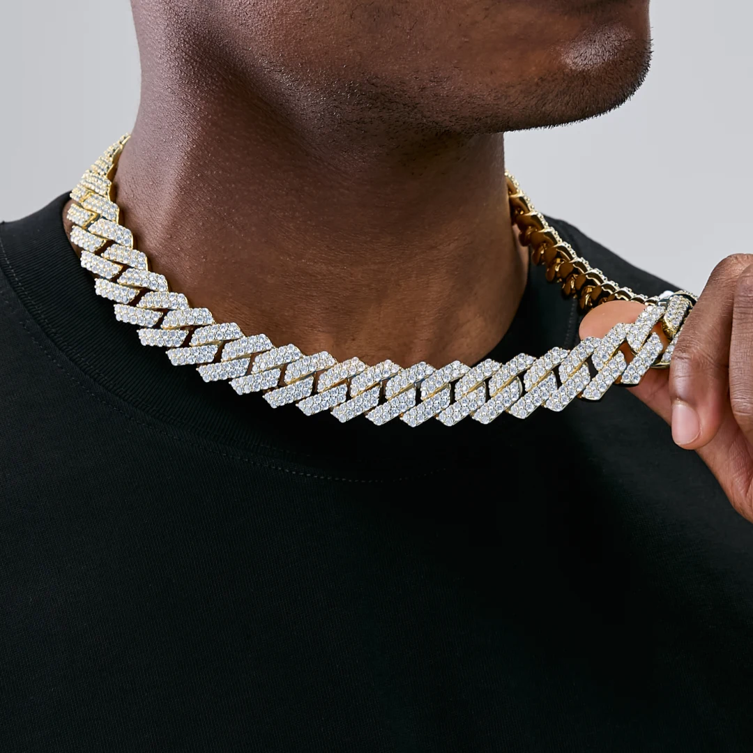 Male model wearing 19mm 2-Row Iced Prong Cuban Chain In 18K Gold, close-up front shot of bling hip hop statement necklace, RDRIP Jewelry

