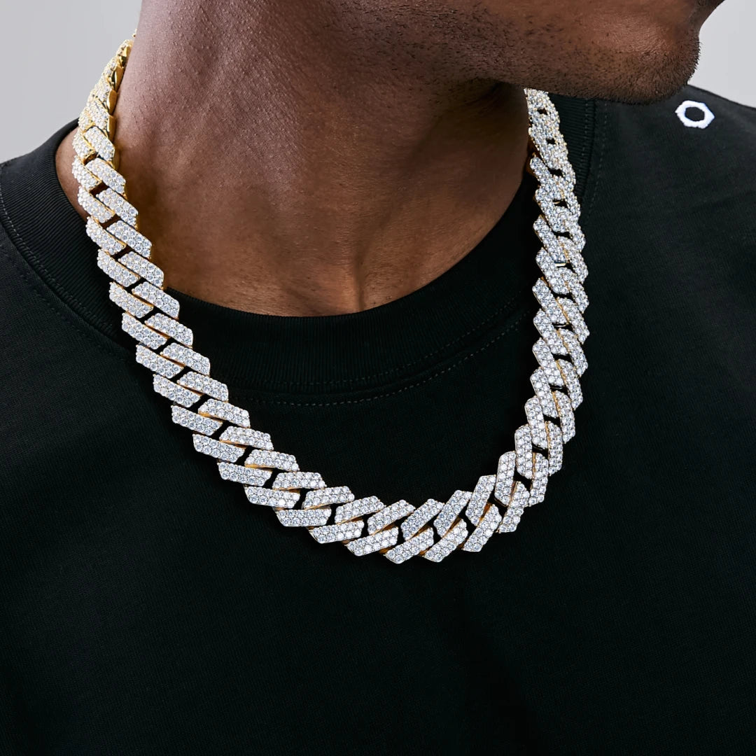 Male model wearing 19mm 2-Row Iced Prong Cuban Chain In 18K Gold, full front view hip hop bling statement necklace, RDRIP Jewelry
