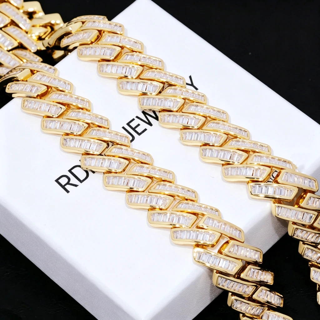19mm Baguette Channel‑Set Miami Cuban Link Necklace, 18K gold plated full iced‑out men’s hip hop chain with hand‑set VVS flawless simulated baguette stones, heavy bling rapper jewelry displayed on branded RDRIP JEWELRY gift box, premium copper hiphop necklace RDRIP JEWELRY
